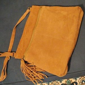 Genuine suede shoulder bag, honey colored